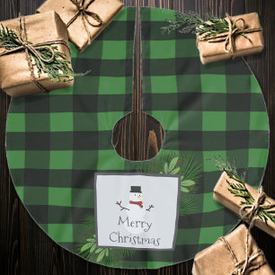 Snowman Green Buffalo Plaid Green and Black Brushed Polyester Tree Skirt