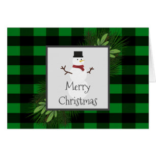 Snowman Green Buffalo Plaid Greeting Card
