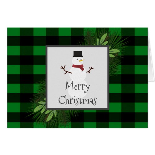 Snowman Green Buffalo Plaid Greeting Card