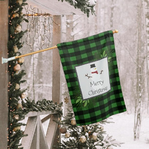 Snowman Green Buffalo Plaid House Flag