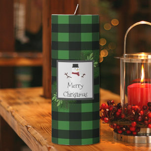 Snowman Green Buffalo Plaid Large Pillar Candle