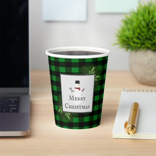 Snowman Green Buffalo Plaid Paper Cup