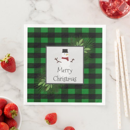 Snowman Green Buffalo Plaid Paper Napkin