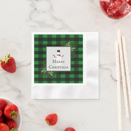 Snowman Green Buffalo Plaid Paper Napkin