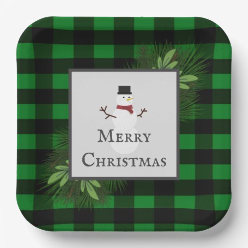 Snowman Green Buffalo Plaid Paper Plate