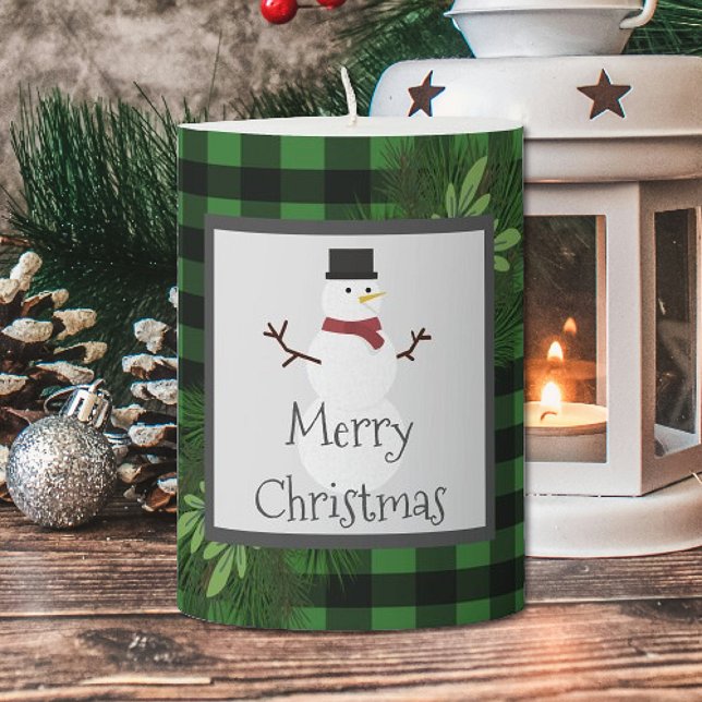 Snowman Green Buffalo Plaid Pillar Candle (Green Snowman Buffalo Plaid Pillar Candle)