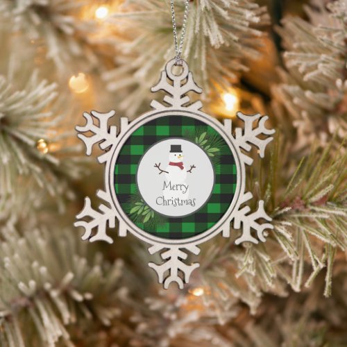 Snowman Green Buffalo Plaid Snowflake Ornament