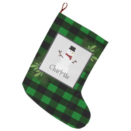 Snowman Green Buffalo Plaid Stocking