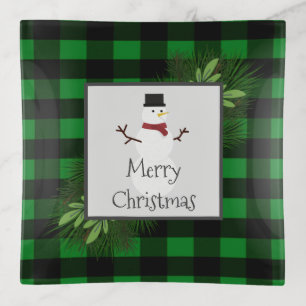 Snowman Green Buffalo Plaid Trinket Tray