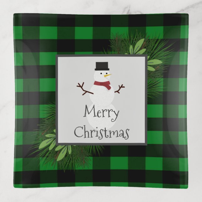 Snowman Green Buffalo Plaid Trinket Tray (Front)