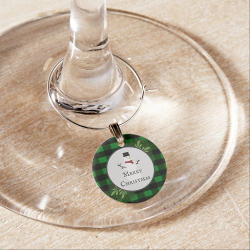 Snowman Green Buffalo Plaid Wine Charm