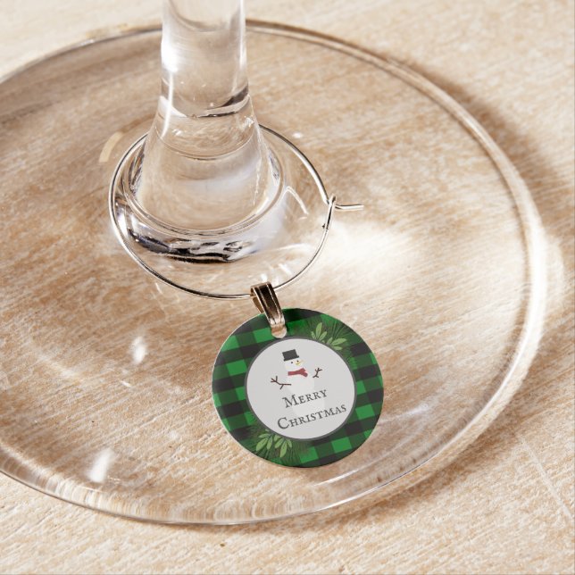 Snowman Green Buffalo Plaid Wine Charm (In Situ)