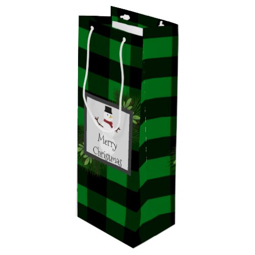 Snowman Green Buffalo Plaid Wine Gift Bag