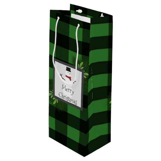 Snowman Green Buffalo Plaid Wine Gift Bag (Front Angled)