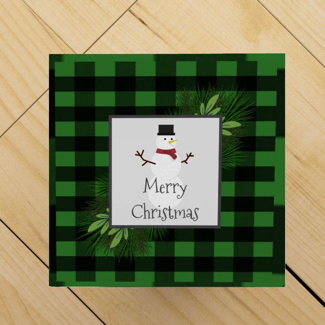 Snowman Green Buffalo Plaid Wine Gift Box (Top)