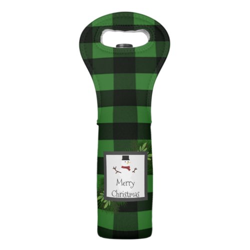 Snowman Green Buffalo Plaid Wine Tote