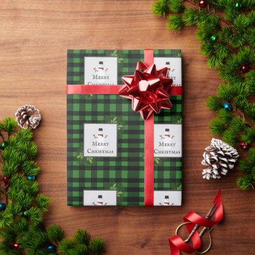 Snowman Green Buffalo Plaid Wrapping Paper