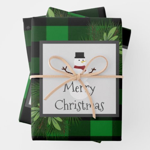 Snowman Green Buffalo Plaid Wrapping Paper