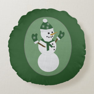 Snowman Green Christmas Round Pillow