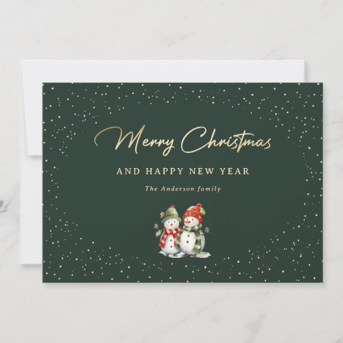 Snowman Green Gold Snow Typography Holiday Card