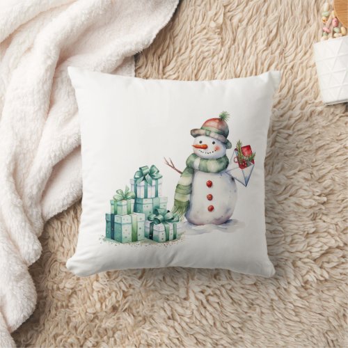 Snowman Green Scarf and Wrapped Gifts  Throw Pillow