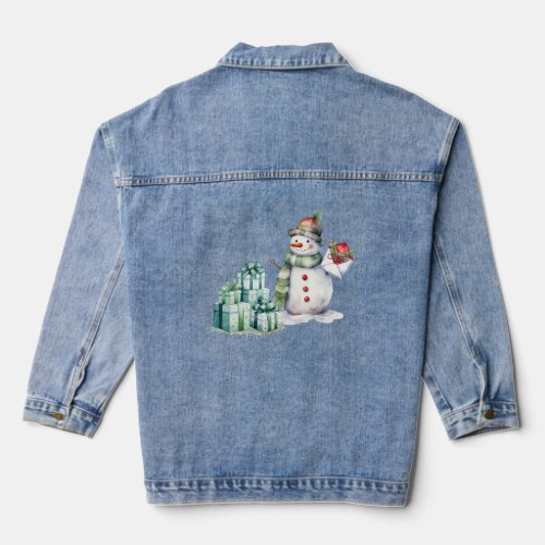 Snowman Green Scarf Hat and Wrapped Gifts  Denim Jacket