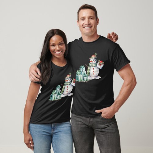 Snowman Green Scarf Hat and Wrapped Gifts His Hers T_Shirt