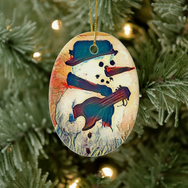 Snowman Guitar Personalized Ceramic Ornament (Tree)