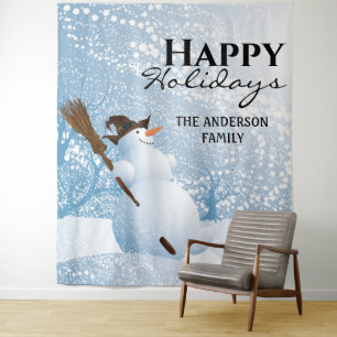 Snowman happy holidays family greeting backdrop