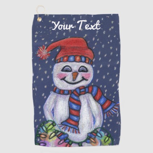 Snowman Hat Scarf Holding String Christmas Lights Golf Towel