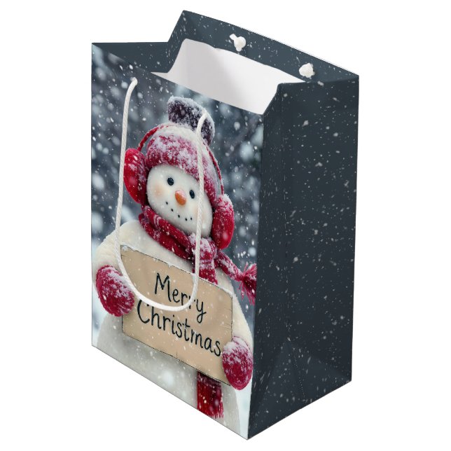 Snowman Holding a Merry Christmas Sign Medium Gift Bag (Front Angled)