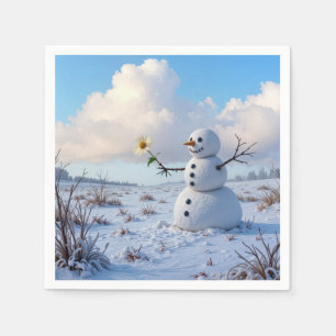 Snowman Holding a White Daisy Napkins