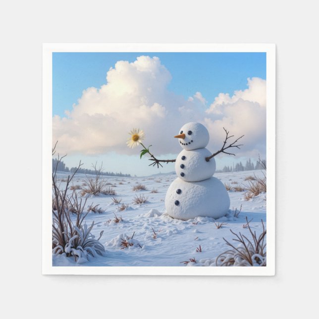 Snowman Holding a White Daisy Napkins (Front)