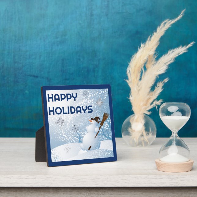 Snowman holding broom winter happy holidays wishes plaque (Insitu)