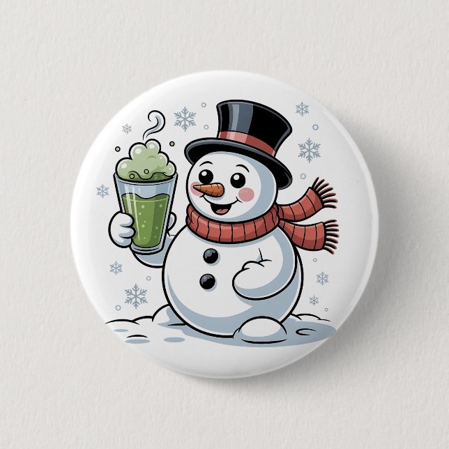 Snowman Holding Matcha Drink Christmas  Button (Front)