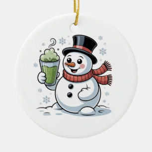 Snowman Holding Matcha Drink Christmas  Ceramic Ornament