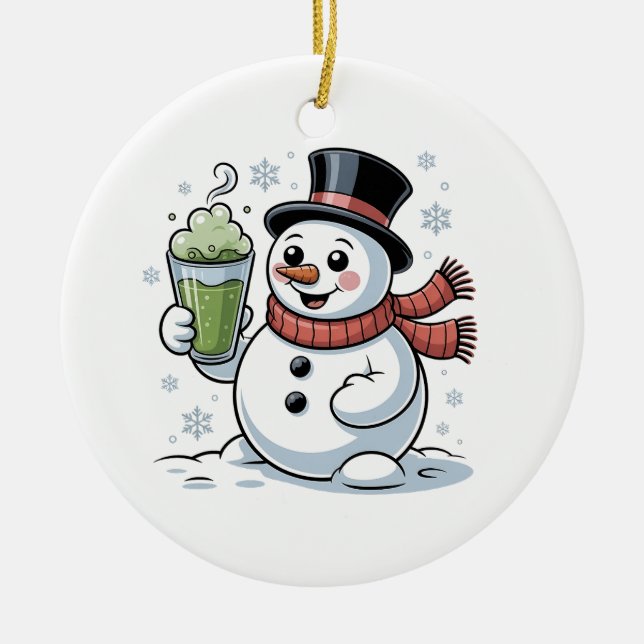 Snowman Holding Matcha Drink Christmas  Ceramic Ornament (Front)