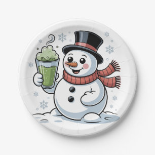 Snowman Holding Matcha Drink Christmas Paper Plates