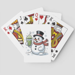 Snowman Holding Matcha Drink Christmas Poker Cards