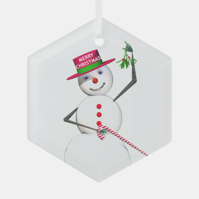 Snowman Holding Mistletoe Glass Ornament (Front)