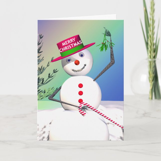 Snowman Holding Mistletoe Holiday Card (Front)