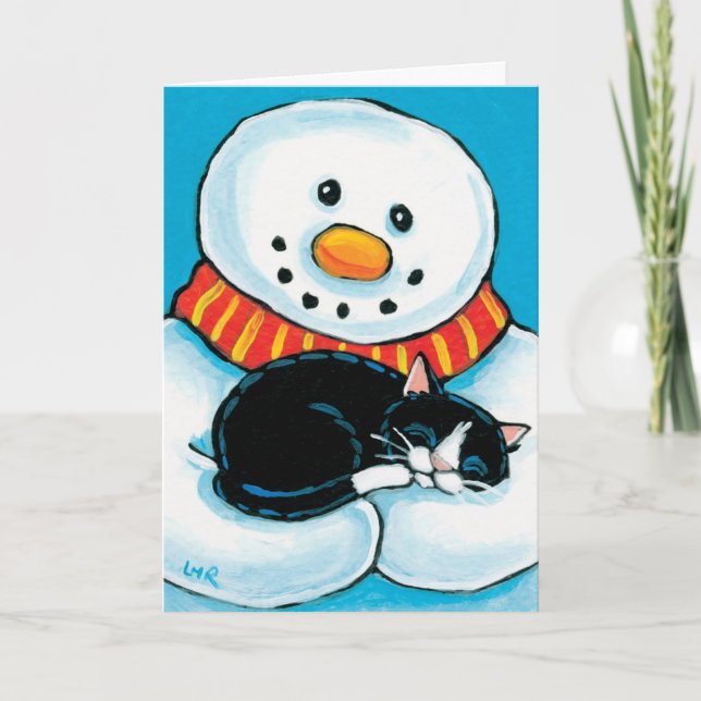 Snowman Holding Sleeping Tuxedo Cat Painting Holiday Card (Front)