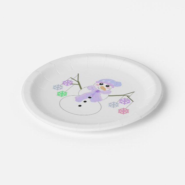 Snowman holding Snowflakes Paper Plates (Angled)