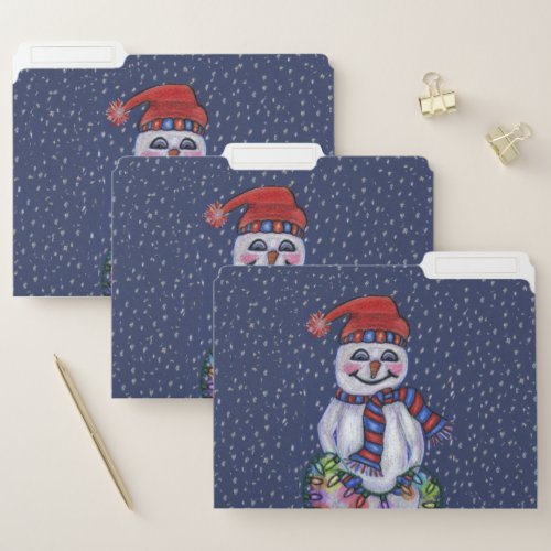 Snowman Holding String Christmas Lights Snow Blue File Folder