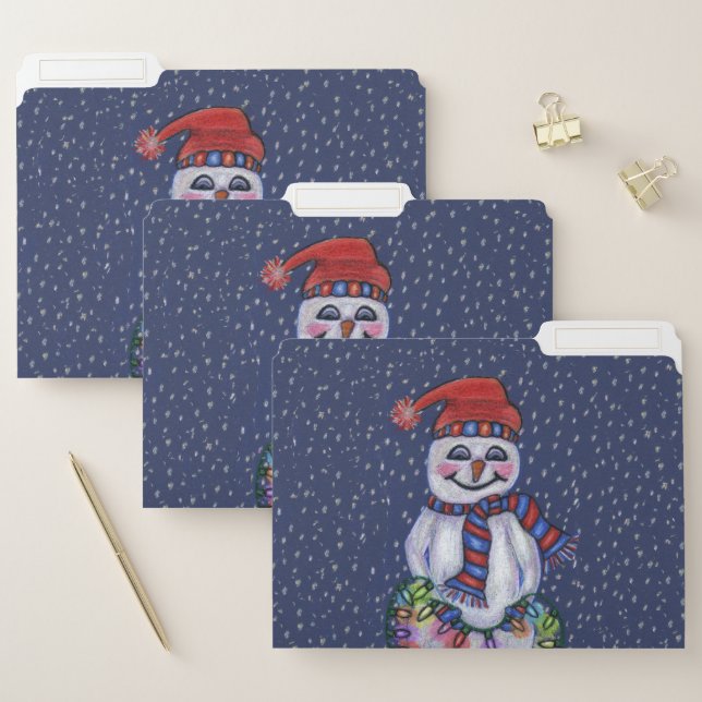 Snowman Holding String Christmas Lights Snow Blue File Folder (Set)