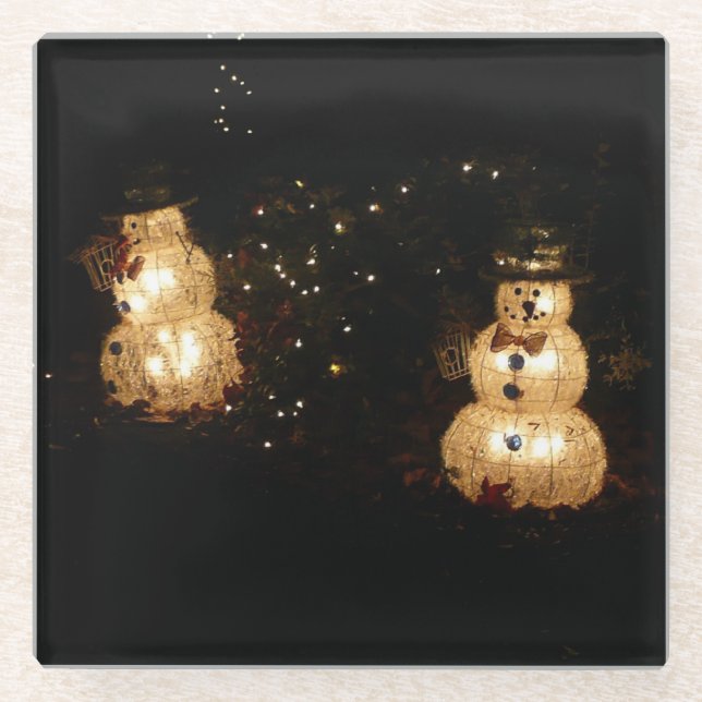 Snowman Holiday Light Display Glass Coaster (Front)