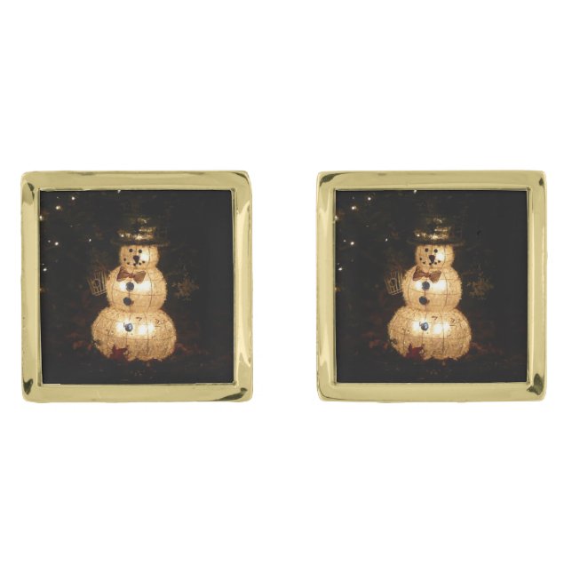 Snowman Holiday Light Display Gold Cufflinks (Front)