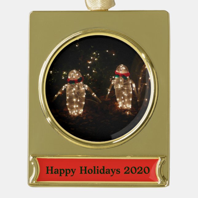 Snowman Holiday Light Display Gold Plated Banner Ornament (Front)