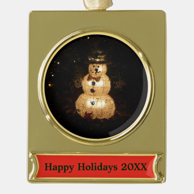Snowman Holiday Light Display Gold Plated Banner Ornament (Front)