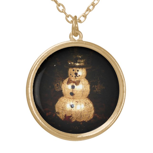 Snowman Holiday Light Display Gold Plated Necklace (Front)